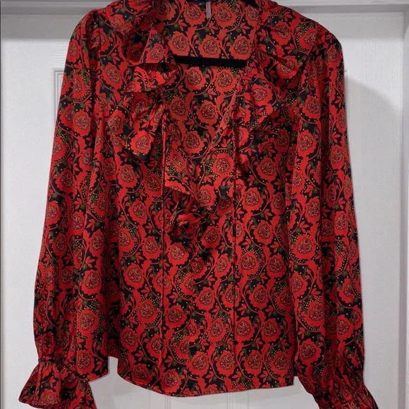 1. State Scarlet and Ebony Patterned Ruffle Blouse - Picture 2 of 13